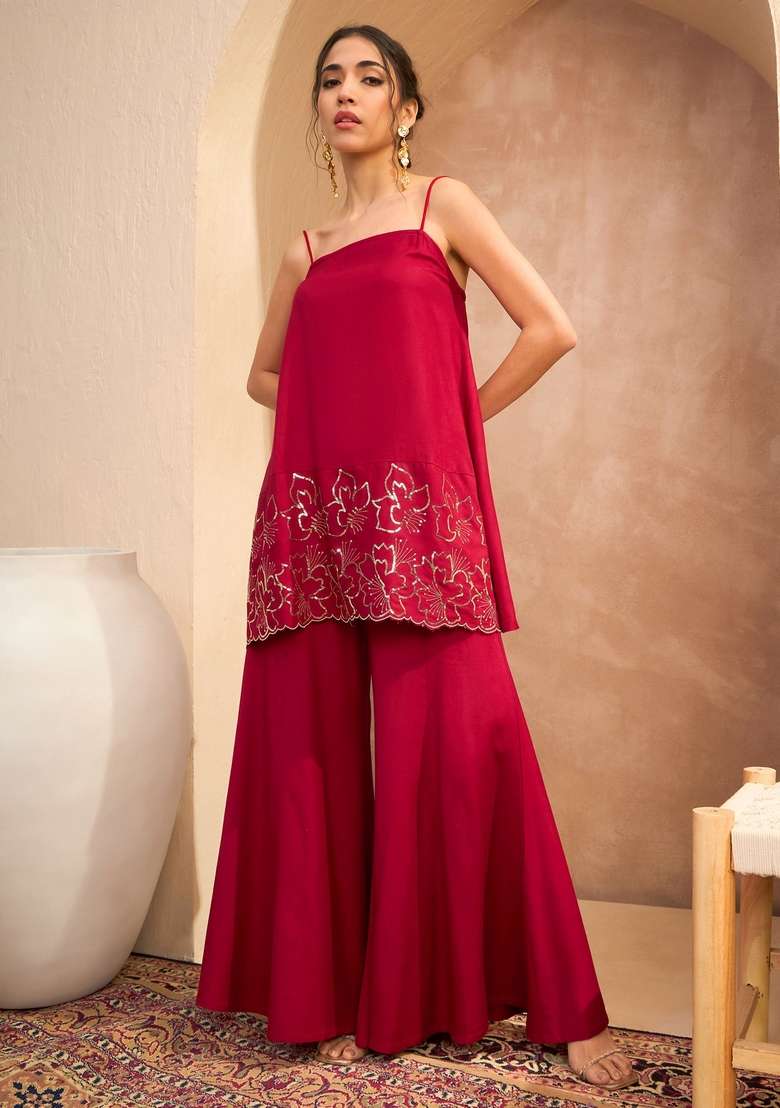 Maroon Embroidered Rayon Co Ord Set - Indya