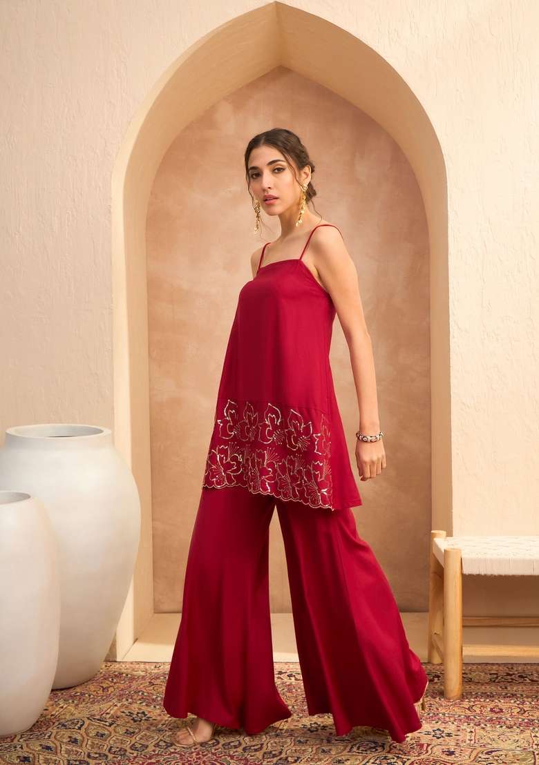 Maroon Embroidered Rayon Co Ord Set - Indya