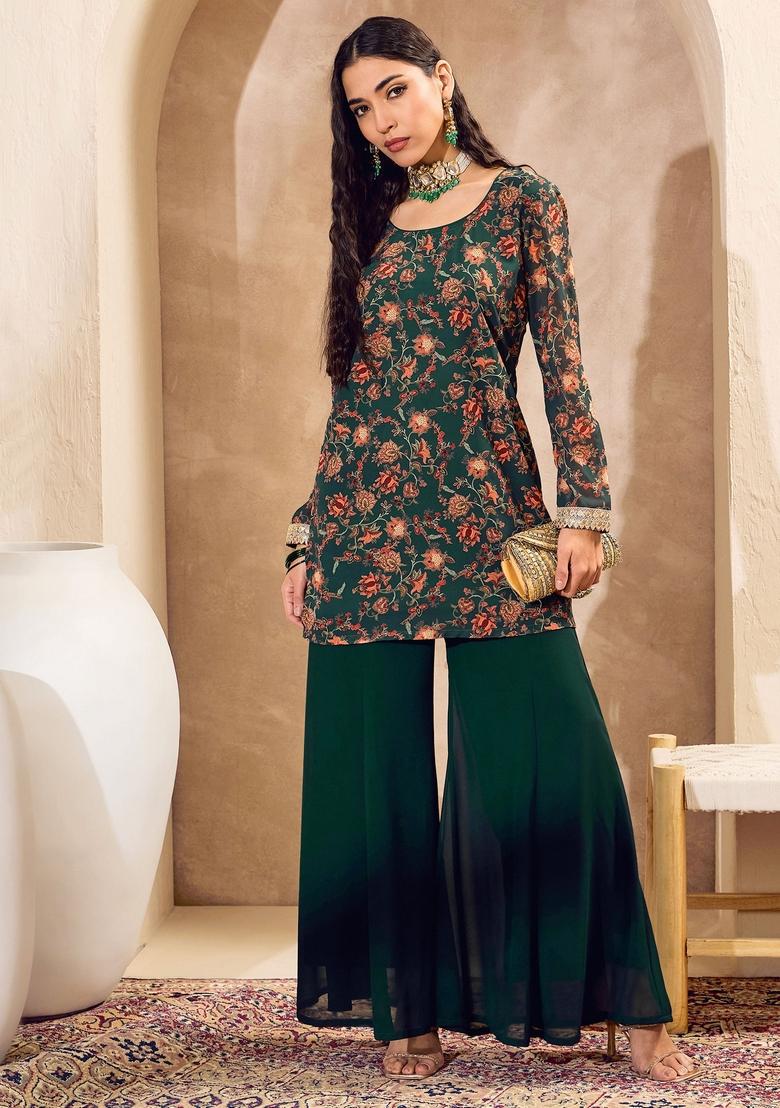 Green Embroidered Polyester Co Ord Set
