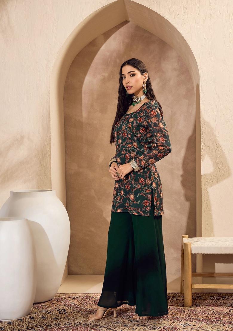 Green Embroidered Polyester Co Ord Set