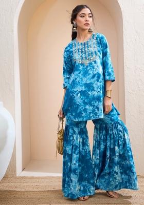 Blue Embroidered Cotton Co Ord Set