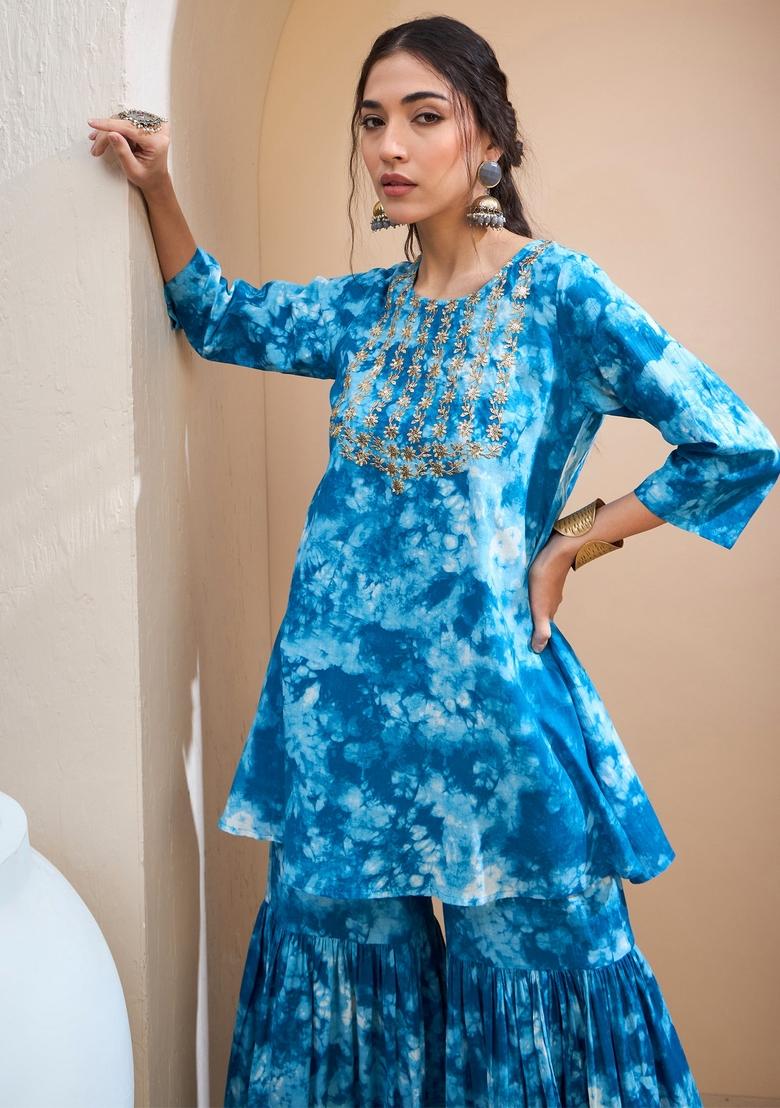 Blue Embroidered Cotton Co Ord Set