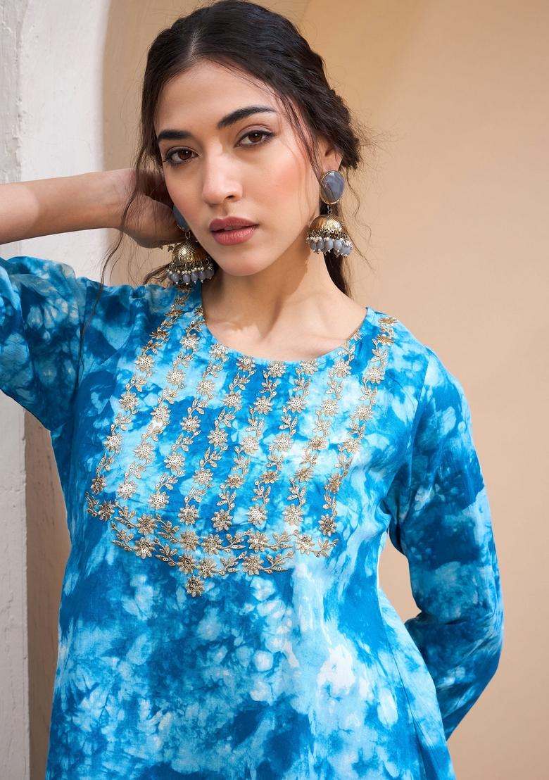 Blue Embroidered Cotton Co Ord Set