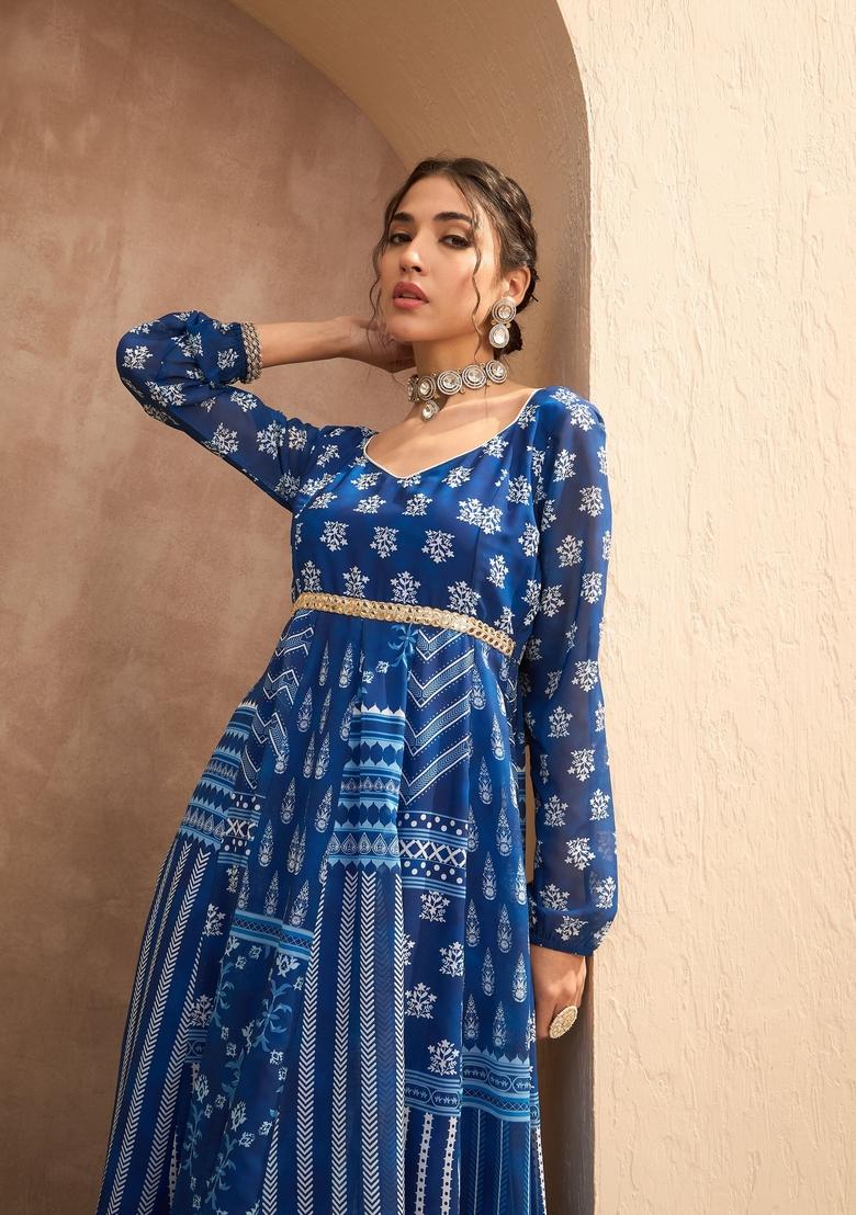 Blue Embroidered Polyester Co Ord Set