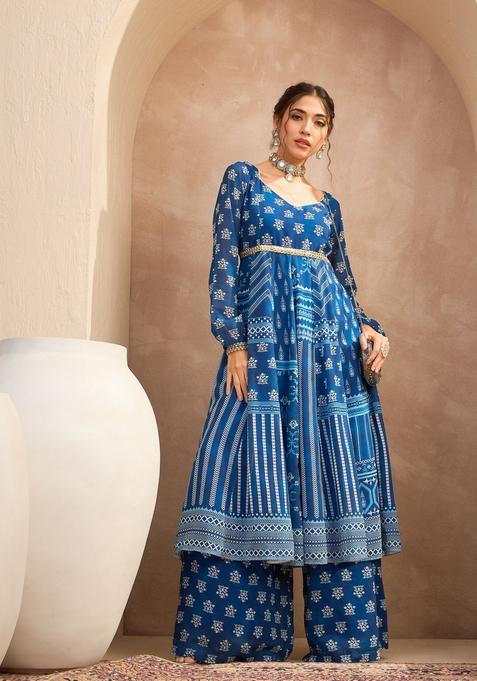 Blue Embroidered Polyester Co Ord Set