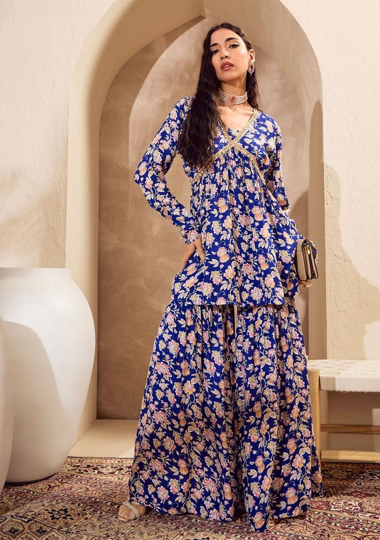 Blue Embroidered Rayon Co Ord Set