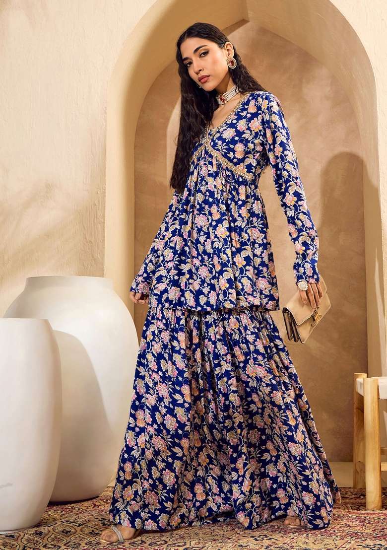 Blue Floral Print Rayon Sharara Set - Indya