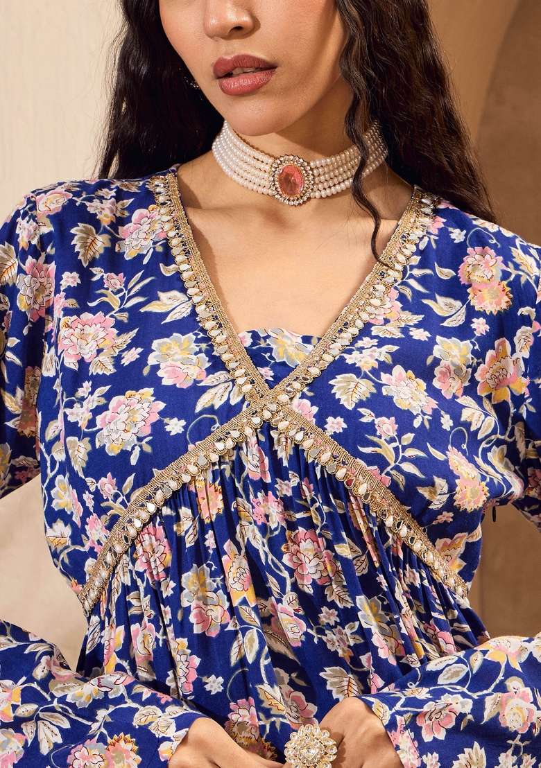 Blue Floral Print Rayon Sharara Set - Indya