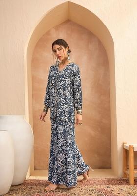 Blue Embroidered Rayon Co Ord Set