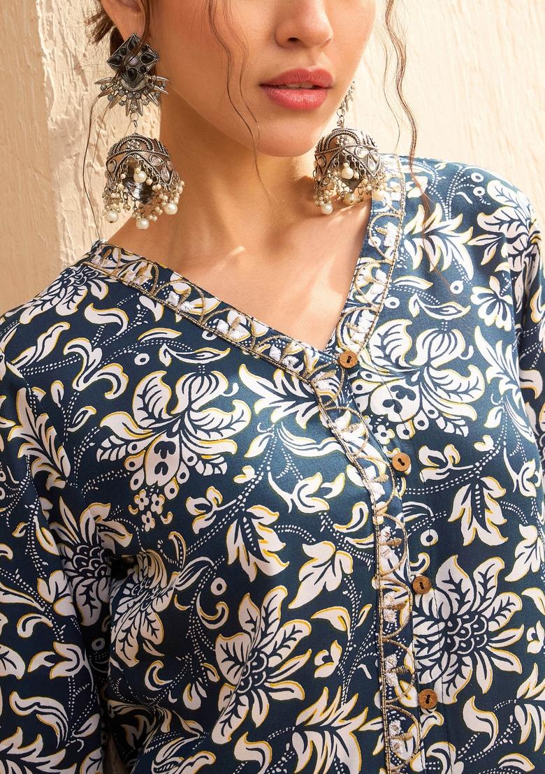 Blue Embroidered Rayon Co Ord Set