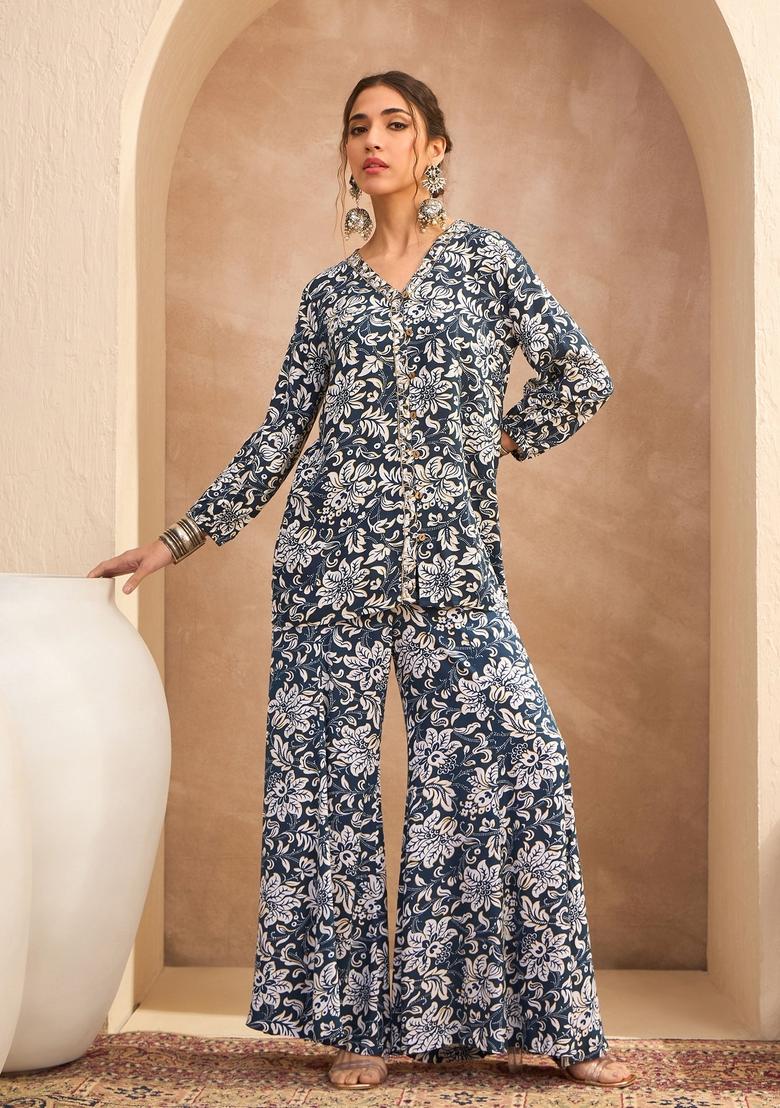 Blue Embroidered Rayon Co Ord Set
