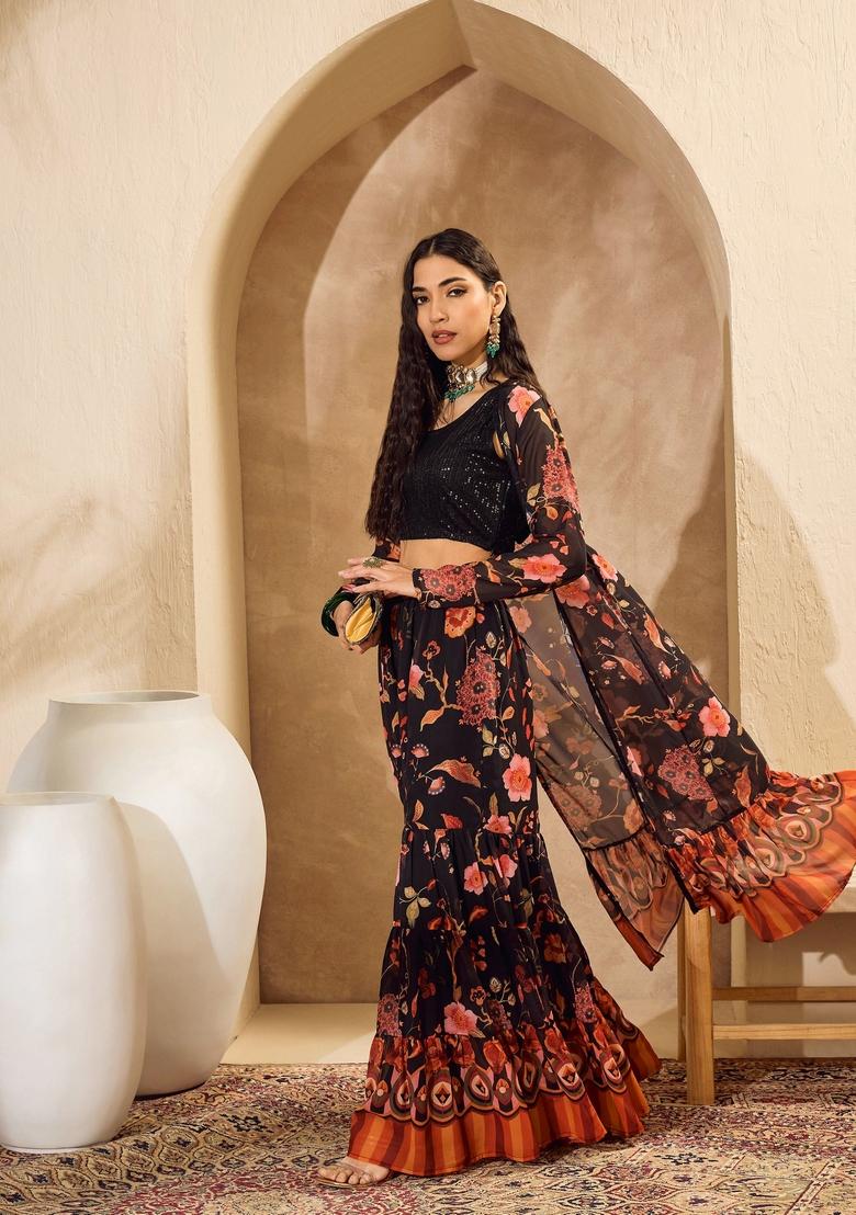 Black Embroidered Polyester Co Ord Set