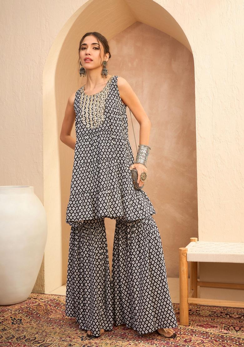 Black Embroidered Rayon Co Ord Set