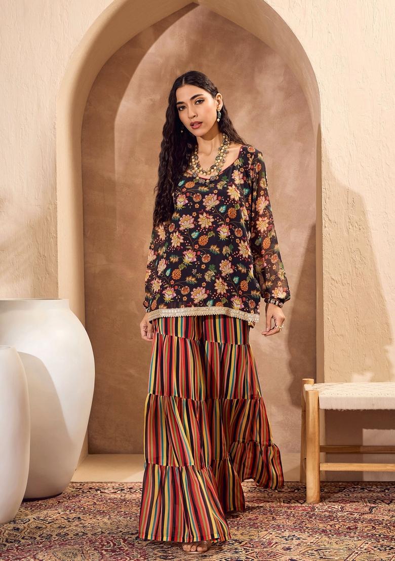 Black Embroidered Polyester Co Ord Set