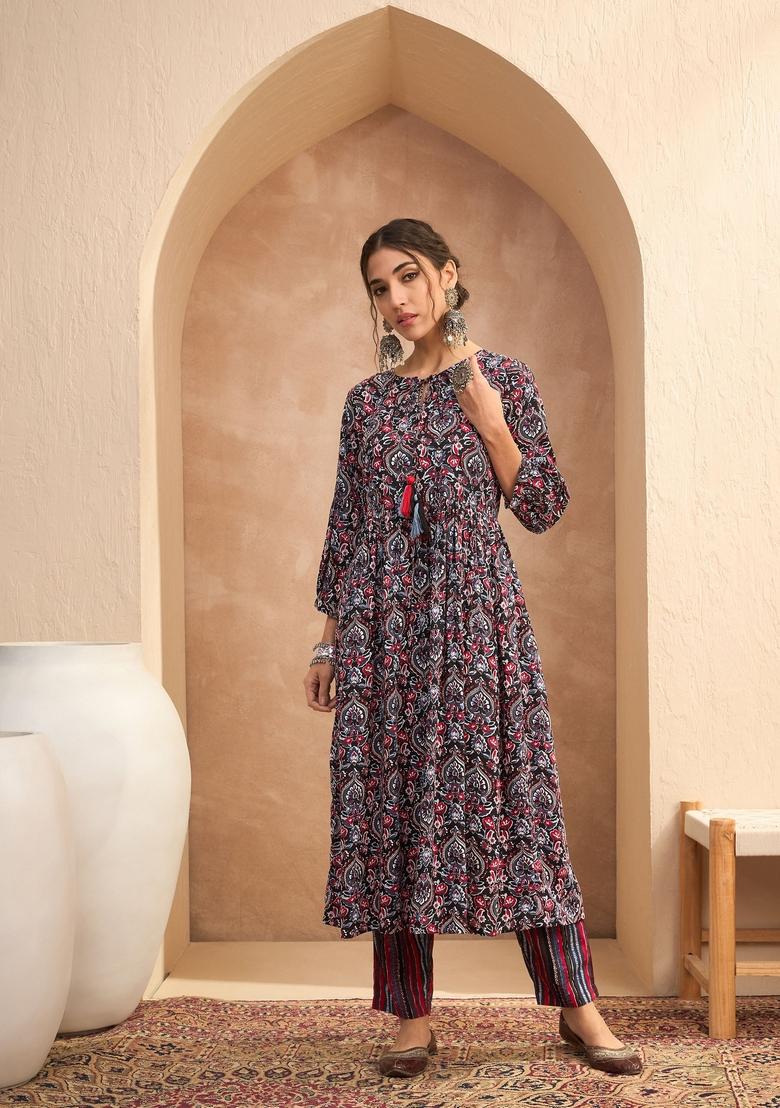 Black Embroidered Rayon Co Ord Set