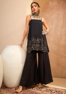 Black Embroidered Rayon Co Ord Set