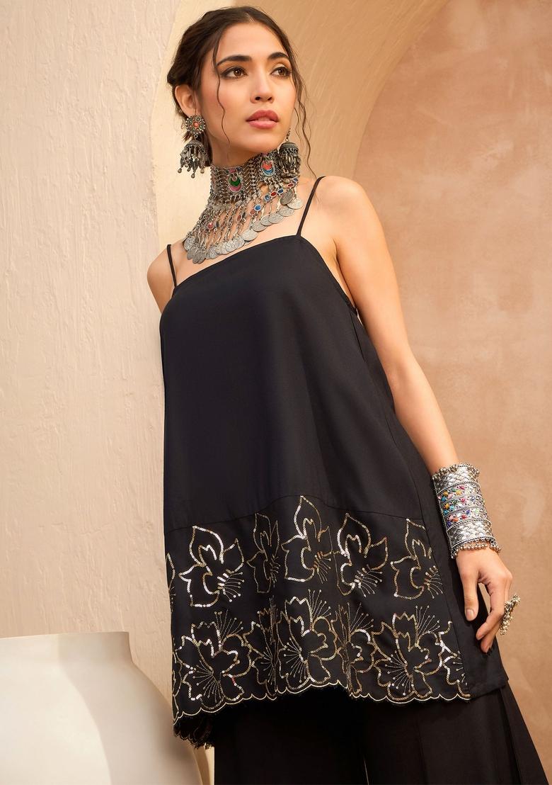 Black Embroidered Rayon Co Ord Set