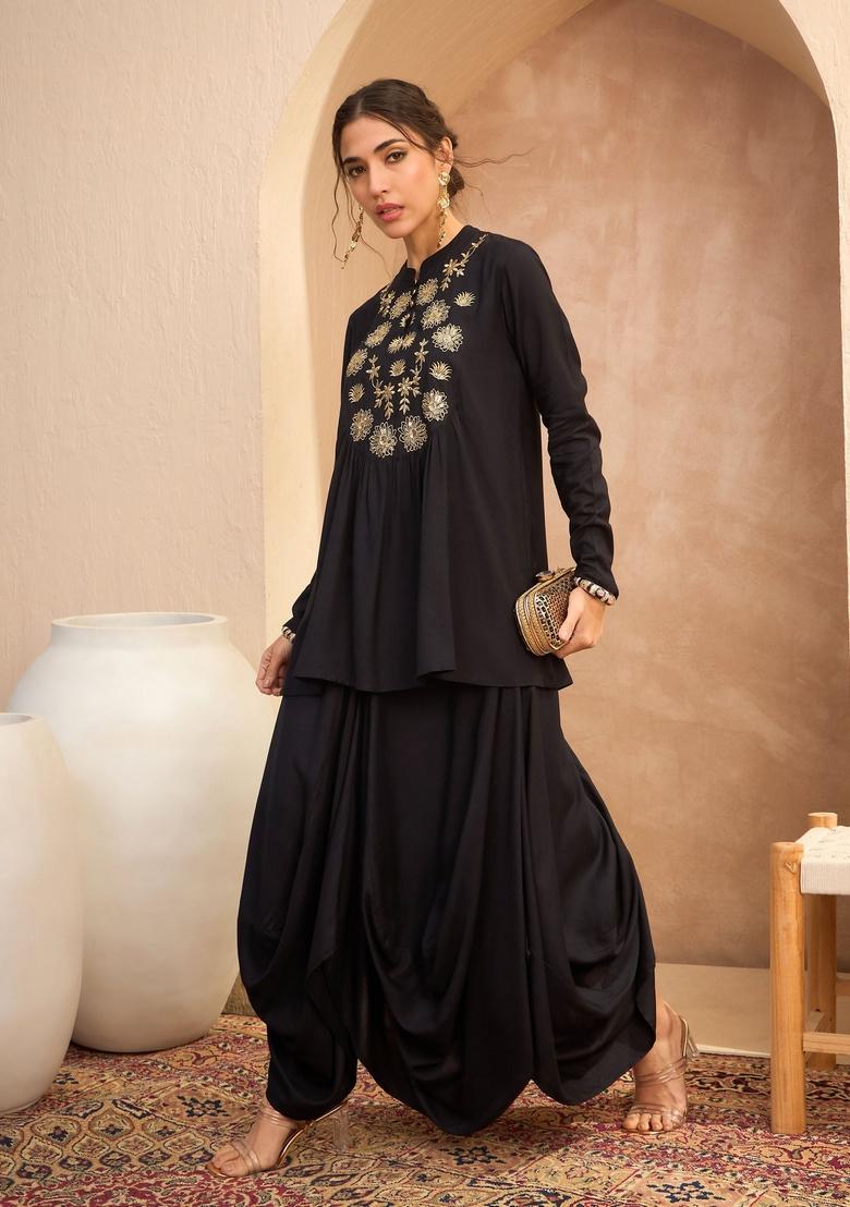 Black Embroidered Rayon Co Ord Set