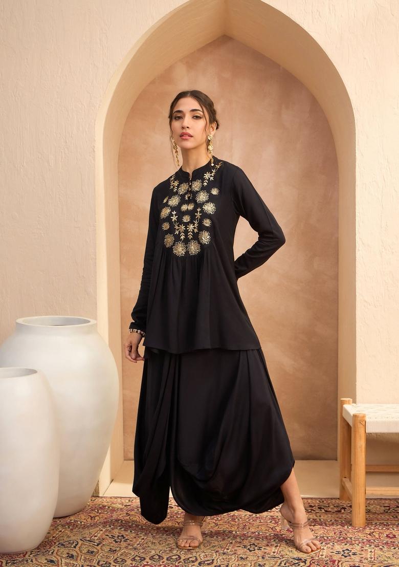 Black Embroidered Rayon Co Ord Set