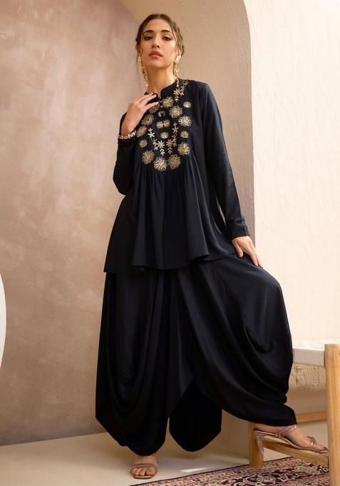 Black Embroidered Rayon Punjabi Suit Set