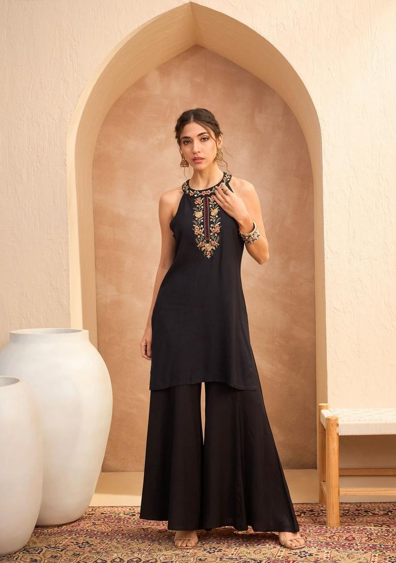 Black Embroidered Rayon Co Ord Set