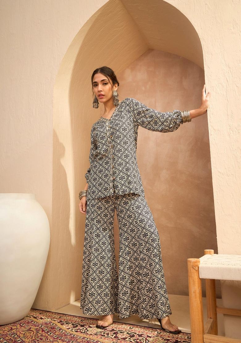 Black Embroidered Rayon Co Ord Set