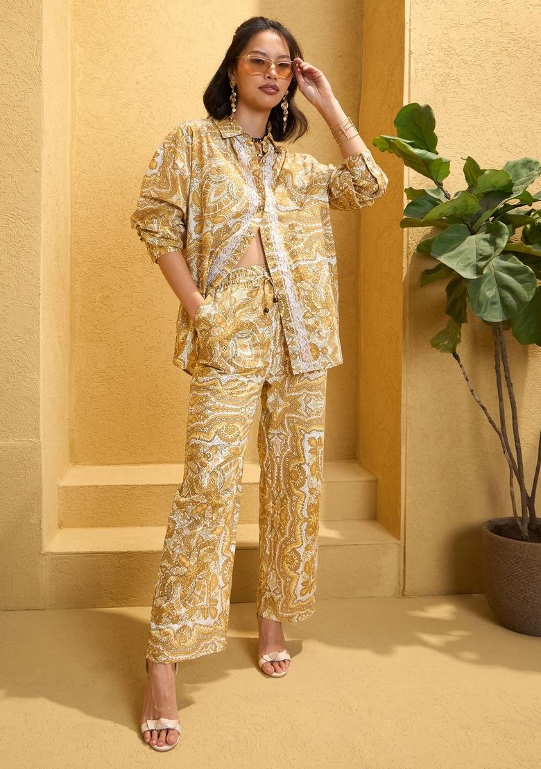 Yellow Embroidered Cotton Co Ord Set