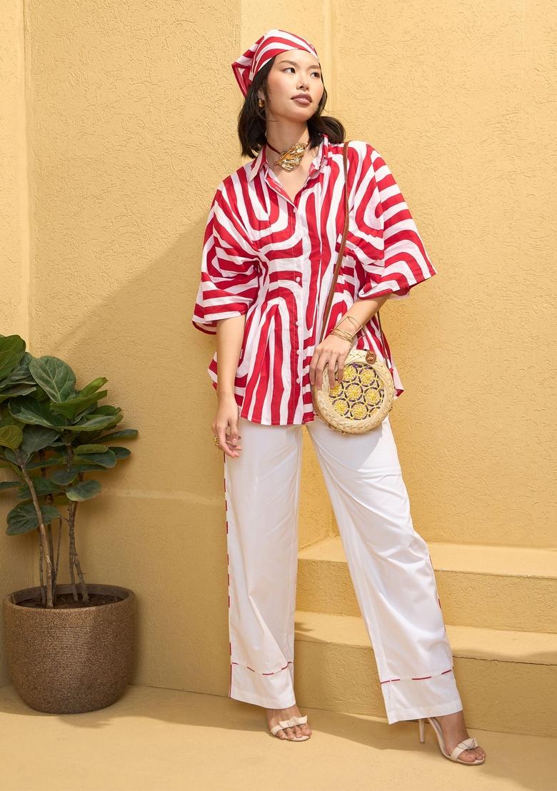 Red Embroidered Cotton Co Ord Set