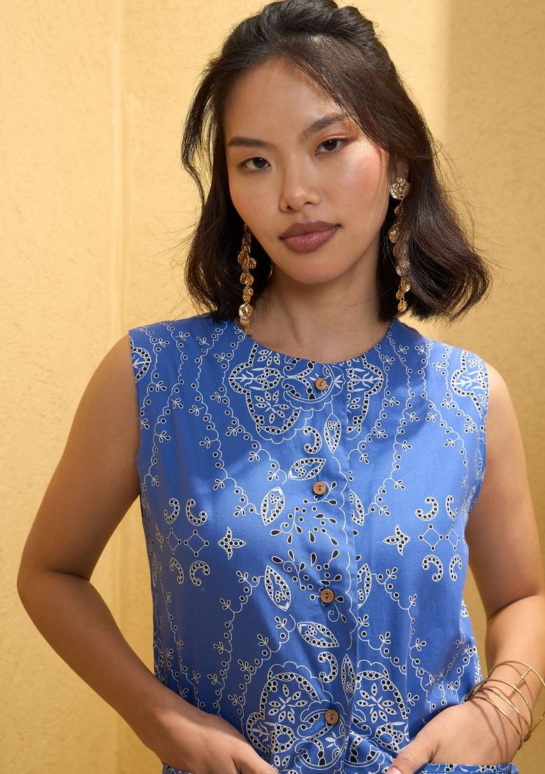 Blue Embroidered Cotton Co Ord Set