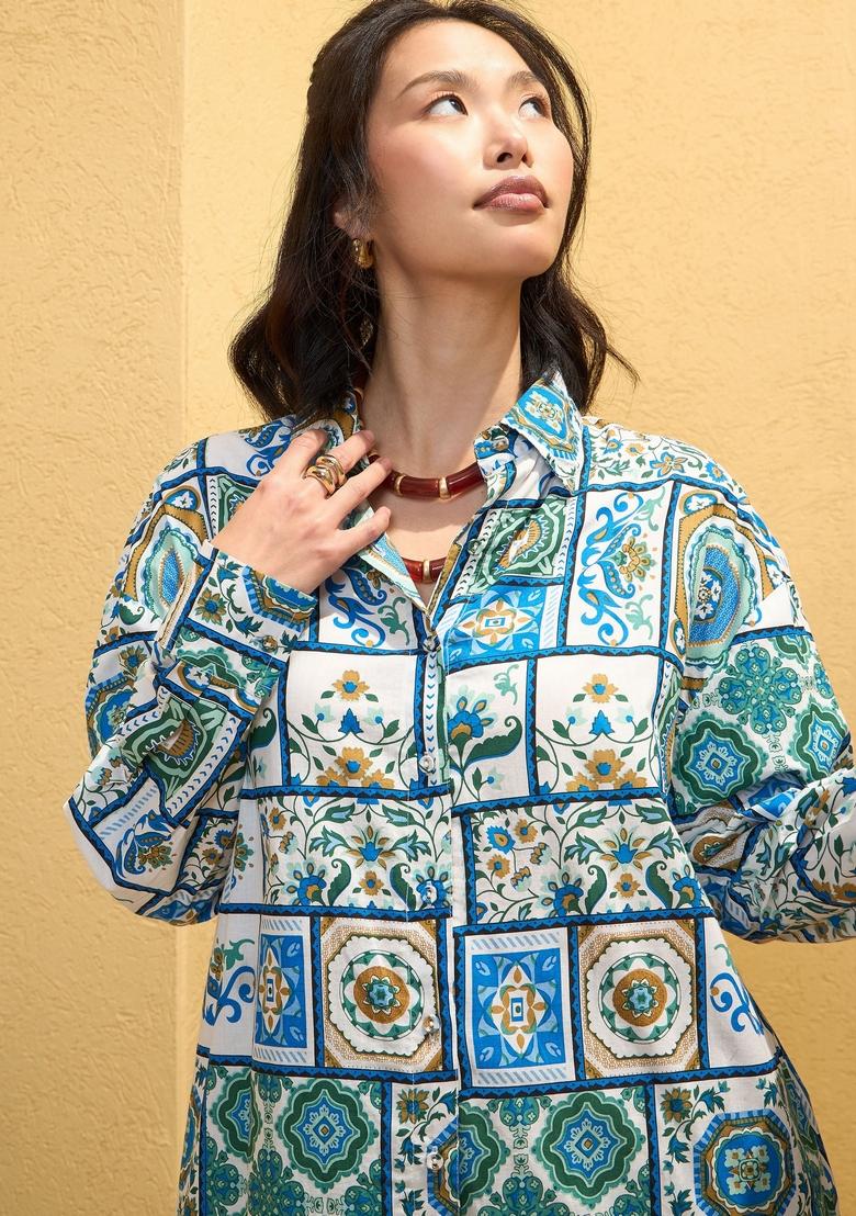 Blue Embroidered Cotton Co Ord Set