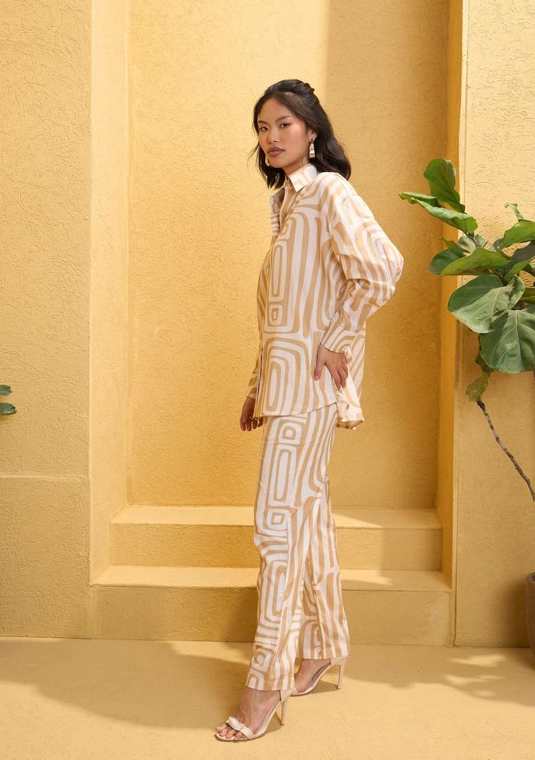 Beige Embroidered Cotton Co Ord Set - Indya