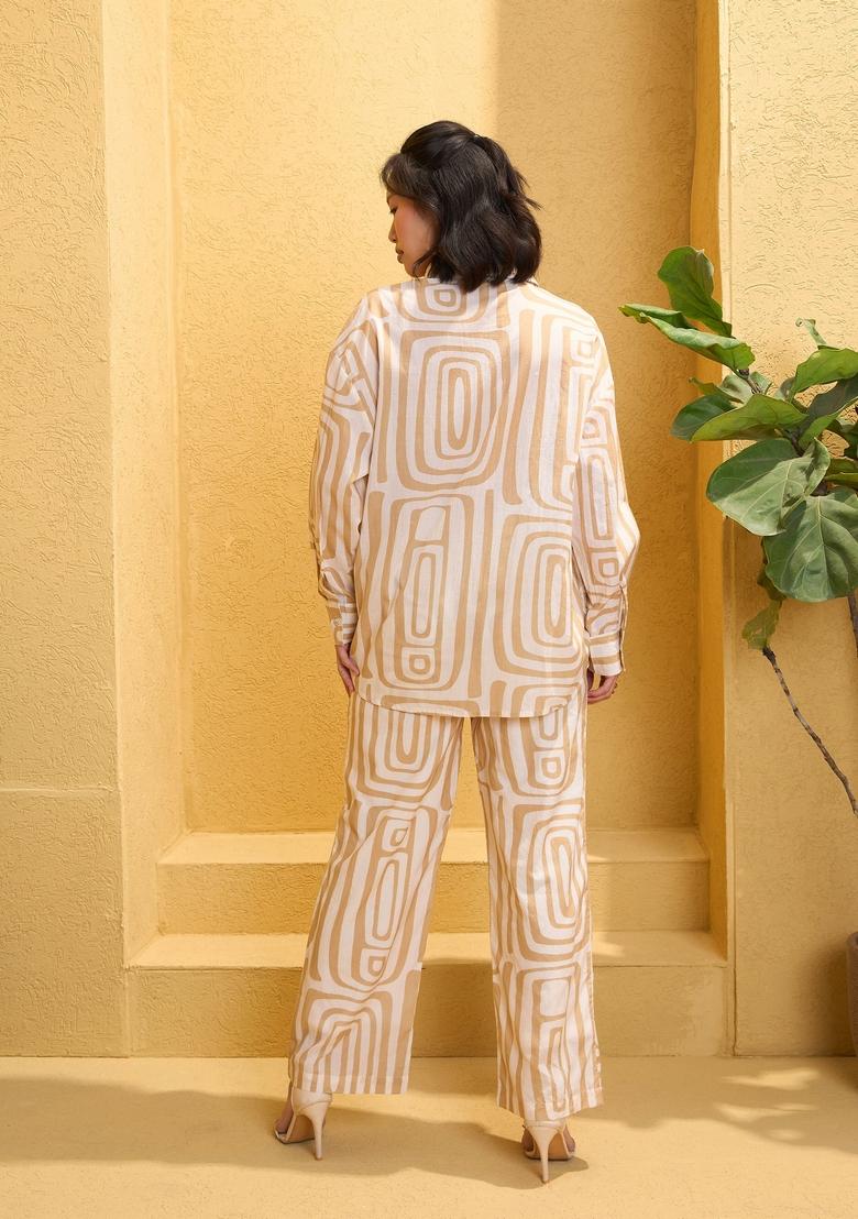 Beige Embroidered Cotton Co Ord Set