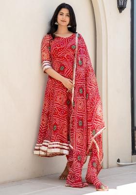 Red Hand Printed Chiffon Salwar Kameez With Dupatta
