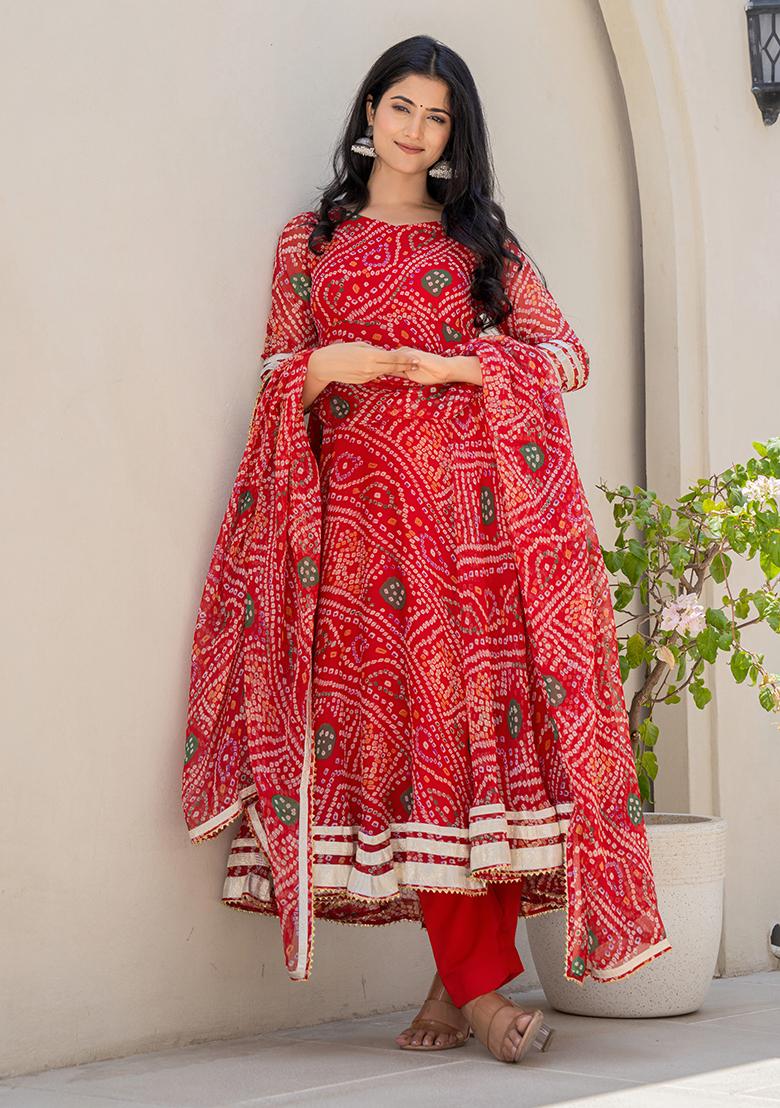 Red Hand Printed Chiffon Salwar Kameez With Dupatta