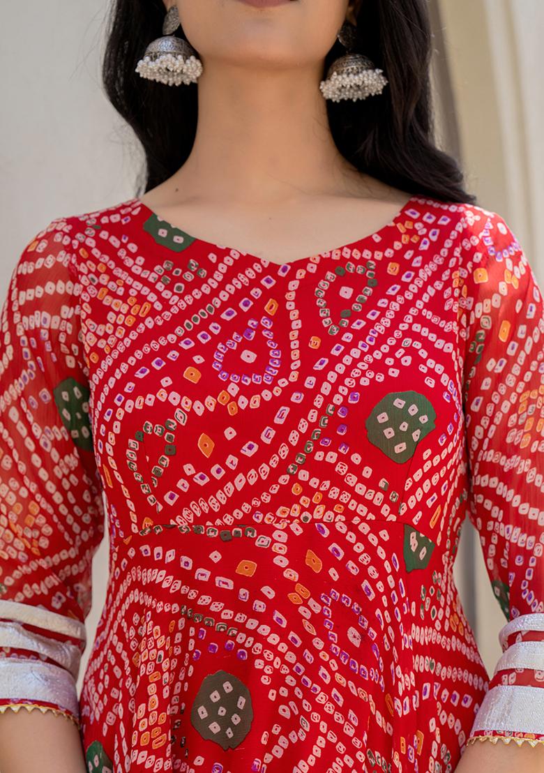 Red Hand Printed Chiffon Salwar Kameez With Dupatta