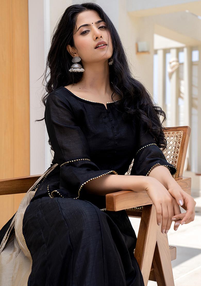 Black Hand Printed Chiffon Crepe Salwar Kameez