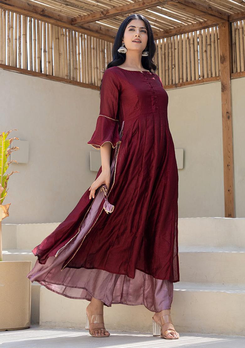 Maroon Hand Printed Chiffon Crepe Salwar Kameez