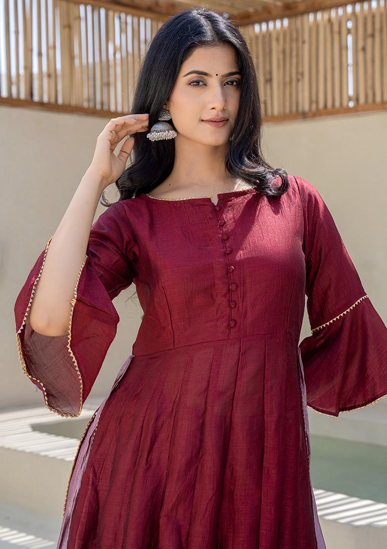Maroon Hand Printed Chiffon Crepe Salwar Kameez