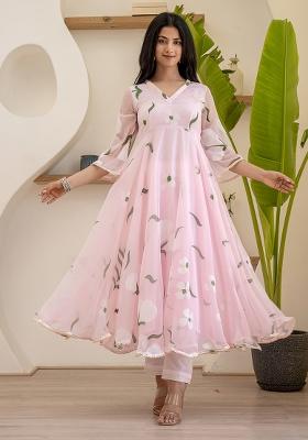 Baby Pink Hand Printed Georgette Salwar Kameez With Dupatta