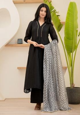 Black Hand Printed Chiffon Crepe Salwar Kameez With Dupatta