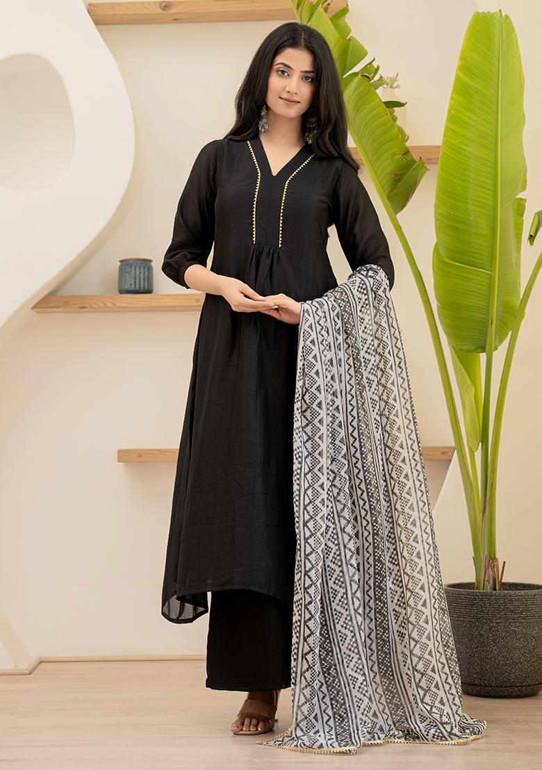 Black Hand Printed Chiffon Crepe Salwar Kameez With Dupatta