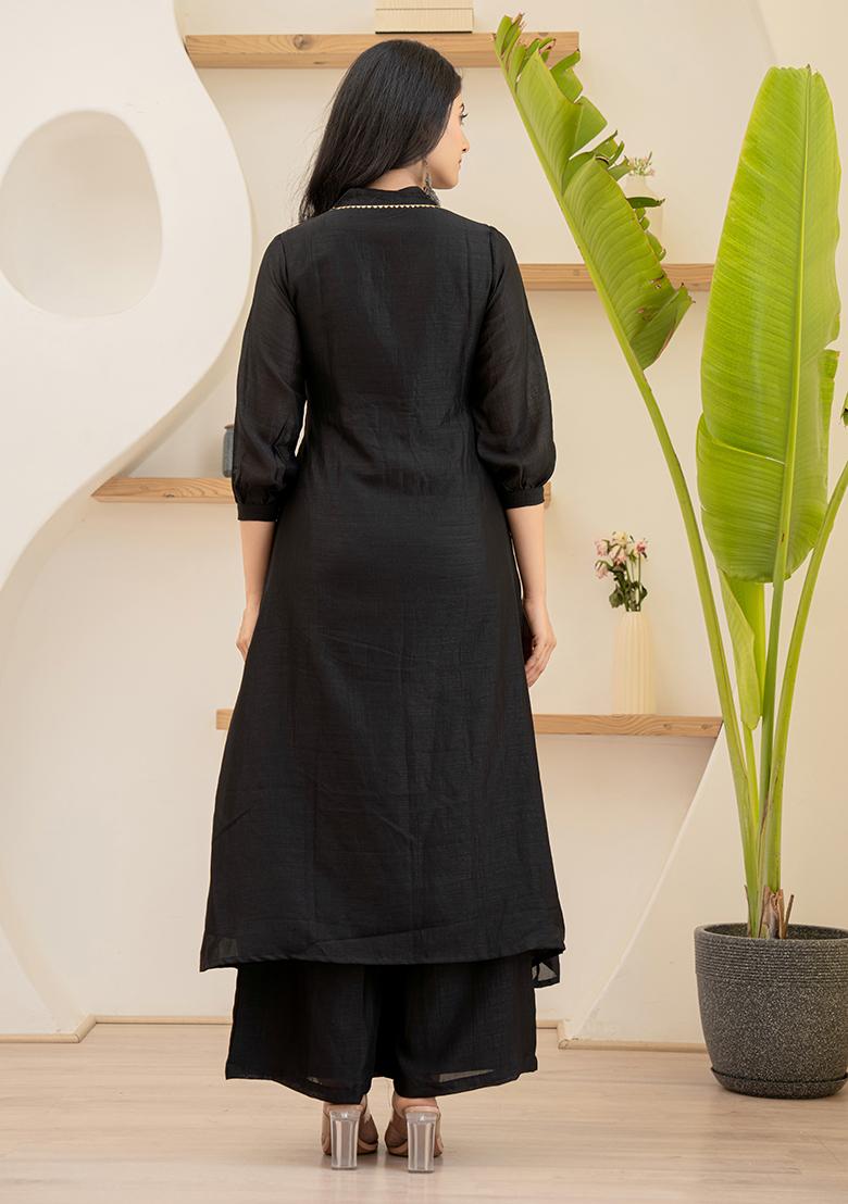 Black Hand Printed Chiffon Crepe Salwar Kameez With Dupatta