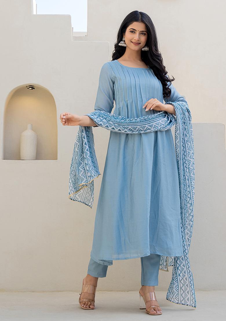 Denim Blue Hand Printed Chiffon Crepe Salwar Kameez With Dupatta