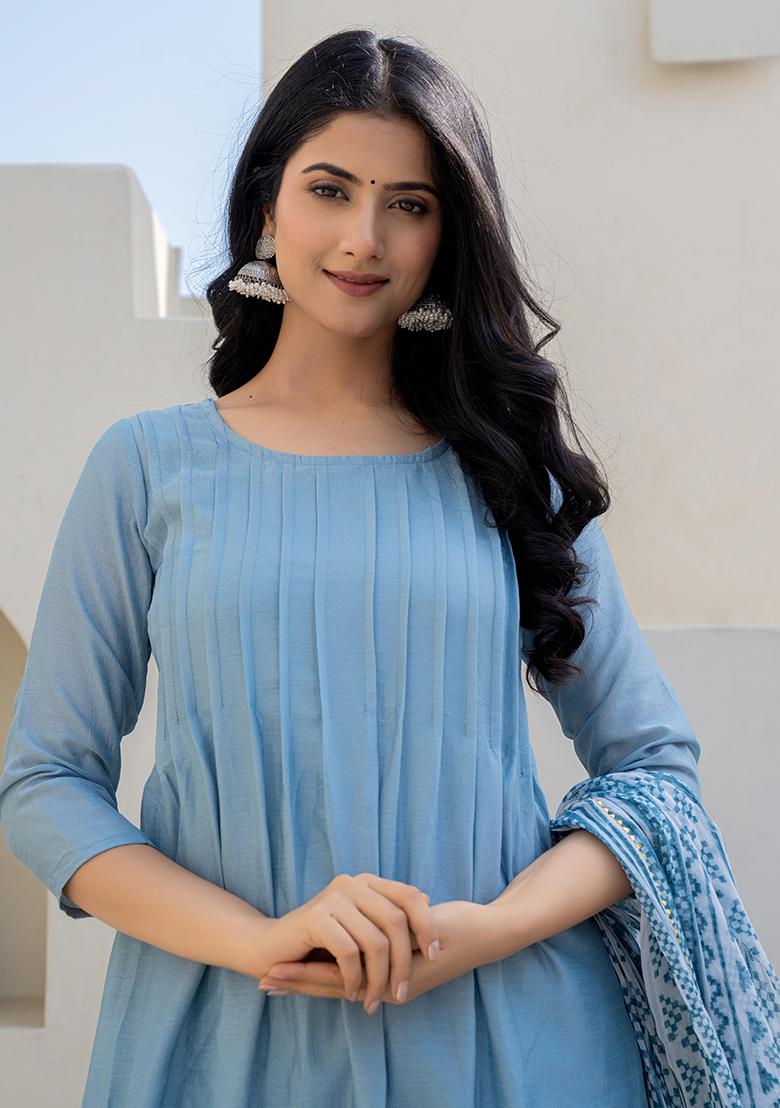 Denim Blue Hand Printed Chiffon Crepe Salwar Kameez With Dupatta