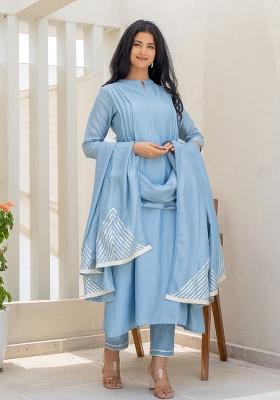 Denim Blue Hand Printed Chiffon Crepe Salwar Kameez With Dupatta
