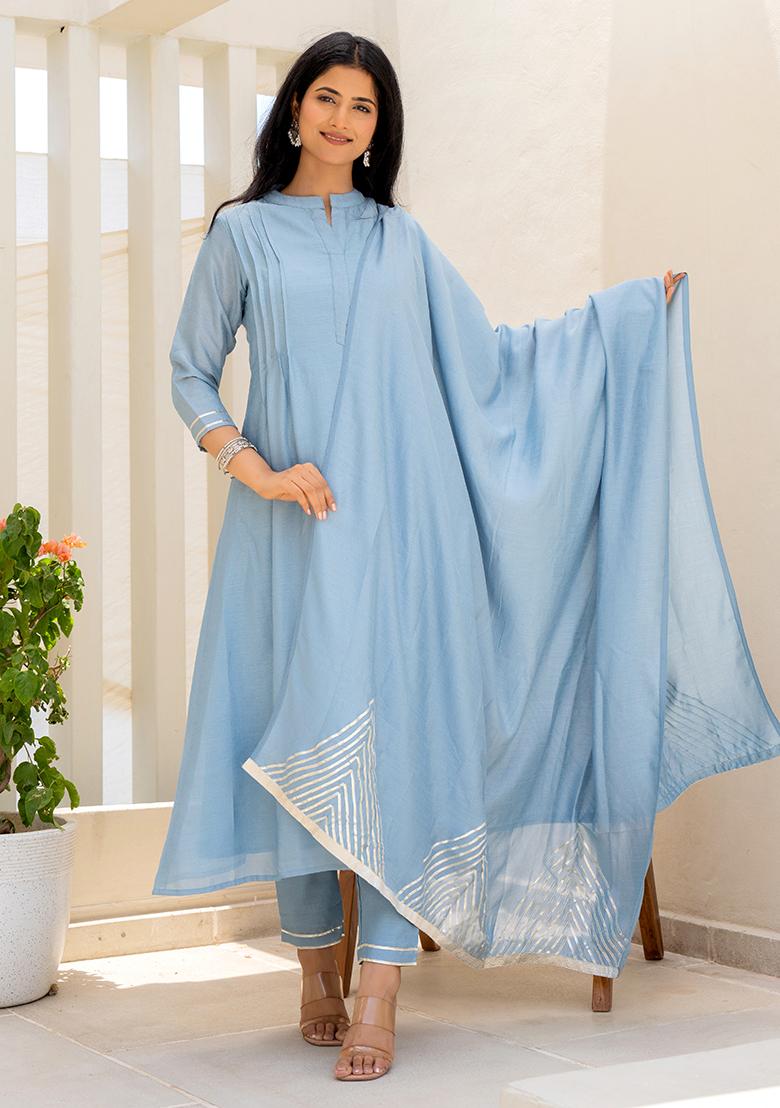 Denim Blue Hand Printed Chiffon Crepe Salwar Kameez With Dupatta