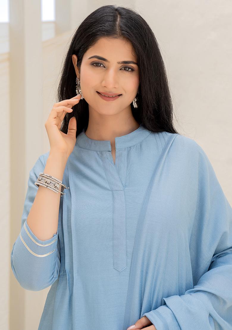 Denim Blue Hand Printed Chiffon Crepe Salwar Kameez With Dupatta