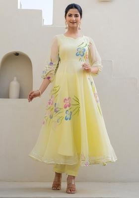 Lemon Yellow Hand Printed Georgette Salwar Kameez With Dupatta