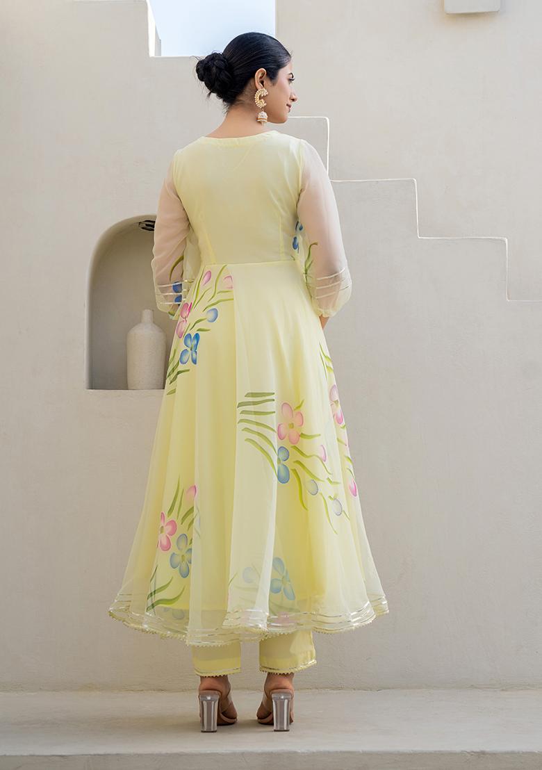 Lemon Yellow Hand Printed Georgette Salwar Kameez With Dupatta