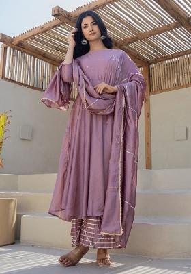 Mauve Hand Printed Chiffon Crepe Salwar Kameez With Dupatta